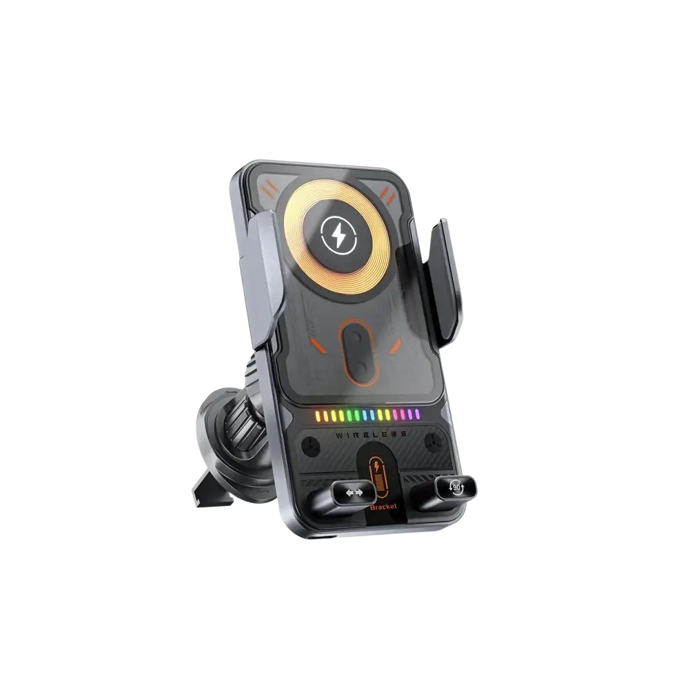 Black 15w fast wireless car charger with automatic clamping mount glowing orange pad and rainbow led lights