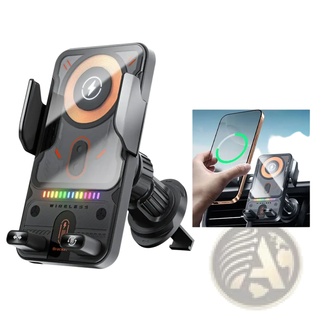 Black 15w fast wireless car charger with automatic clamping mount glowing orange pad and rainbow led indicator lights
