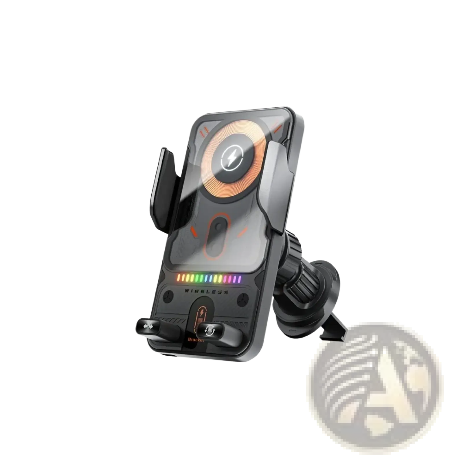 Black 15w fast wireless car charger with illuminated orange circular pad and rainbow led indicator strip below wireless label