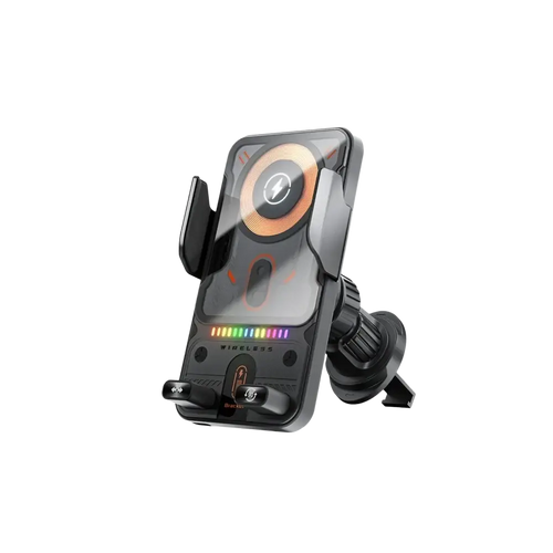 Black 15w fast wireless car charger with illuminated orange circular pad and rainbow led indicator strip below wireless label