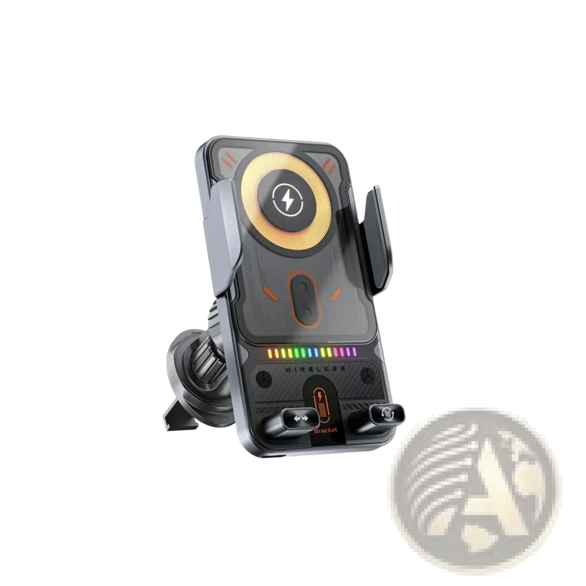 Black 15w fast wireless car charger with automatic clamping mount glowing orange pad and rainbow led lights