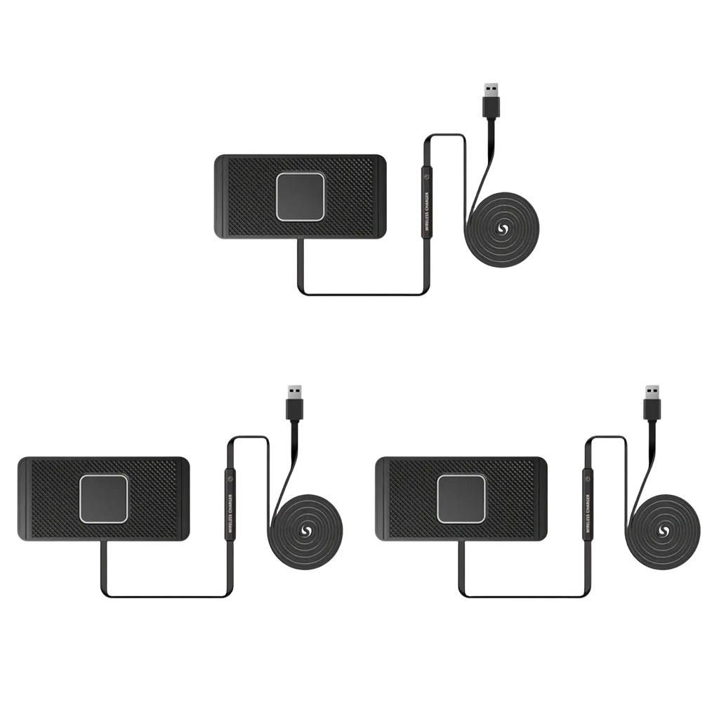 Black 15w fast wireless car charger pad with textured surface and integrated usb cable for convenient charging