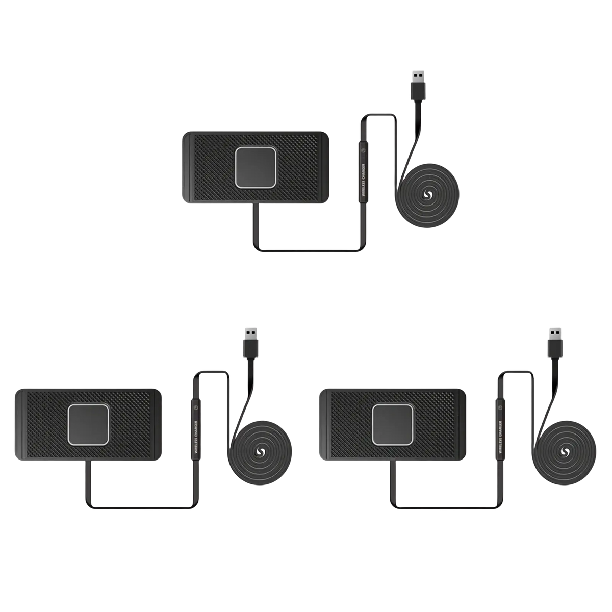 Black 15w fast wireless car charger pad with textured surface and integrated usb cable for convenient charging