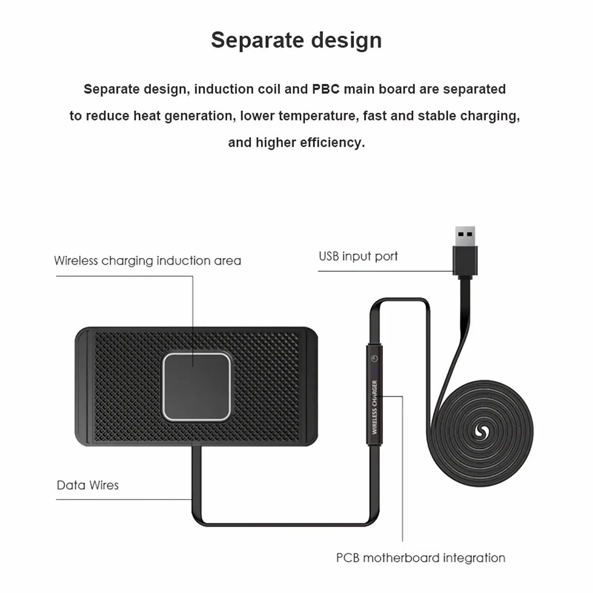 Black 15w fast wireless car charger pad with textured surface featuring integrated usb input port on the back side