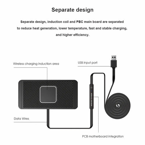 Black 15w fast wireless car charger pad with textured surface featuring integrated usb input port on the back side