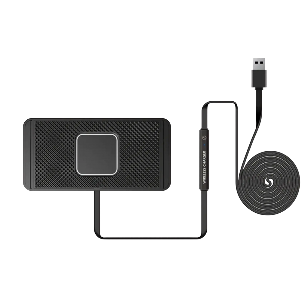 Black 15w fast wireless car charger pad with textured surface and central square area with 1 meter usb cable