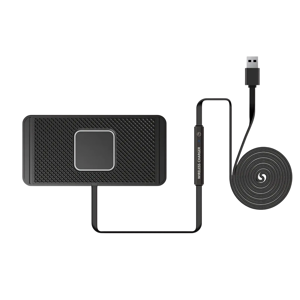 Black 15w fast wireless car charger pad with textured surface and central square area with 1 meter usb cable