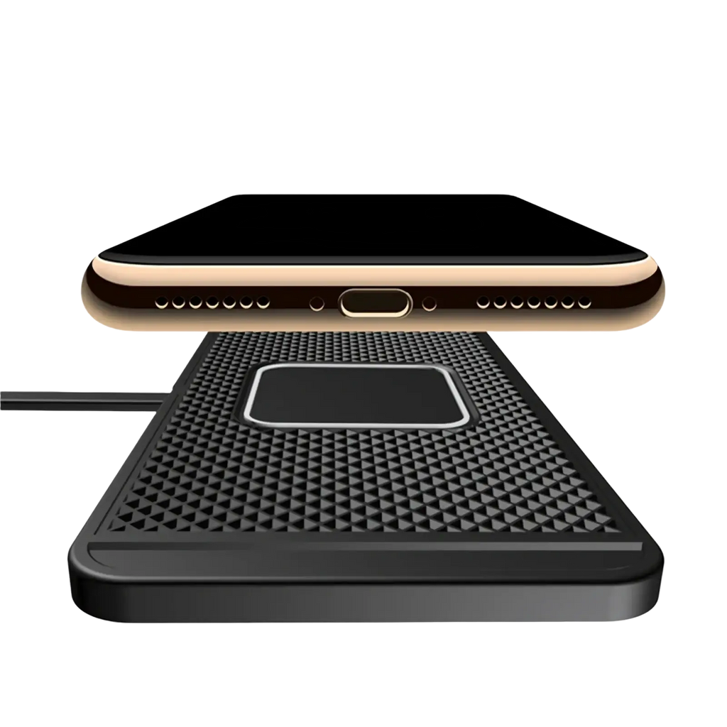 Black textured 15w fast wireless car charger pad with central rectangular magnetic induction charging area