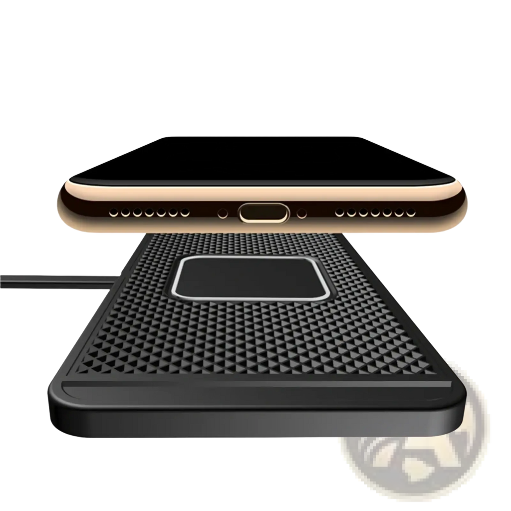 Black textured 15w fast wireless car charger pad with central rectangular magnetic induction charging area