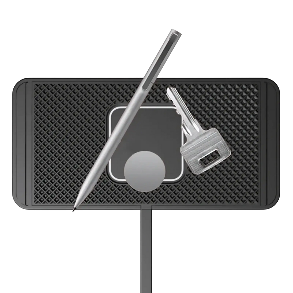 Black textured magnetic 15w fast wireless car charger pad with sleek silver stylus and key on its surface