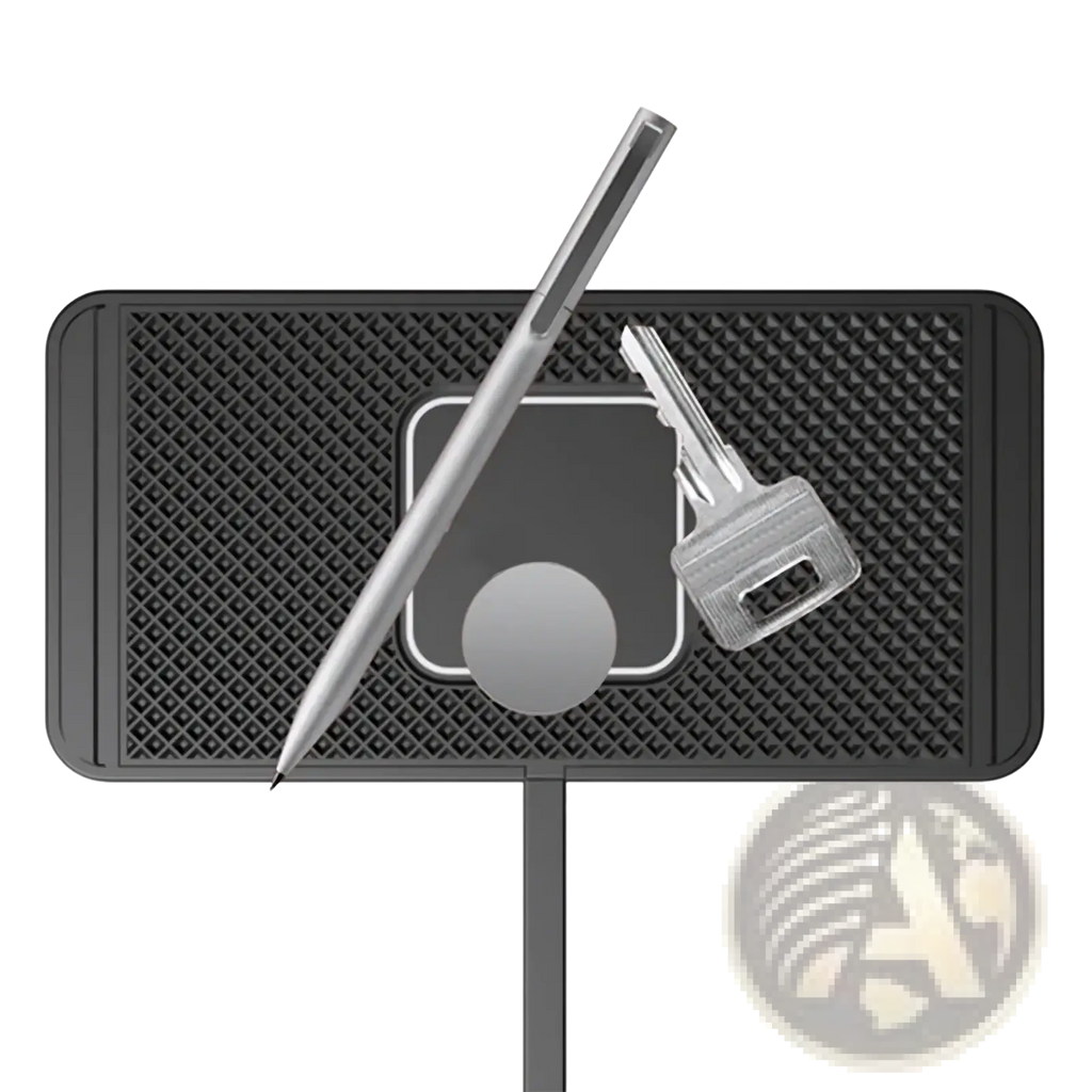 Black textured magnetic 15w fast wireless car charger pad with sleek silver stylus and key on its surface