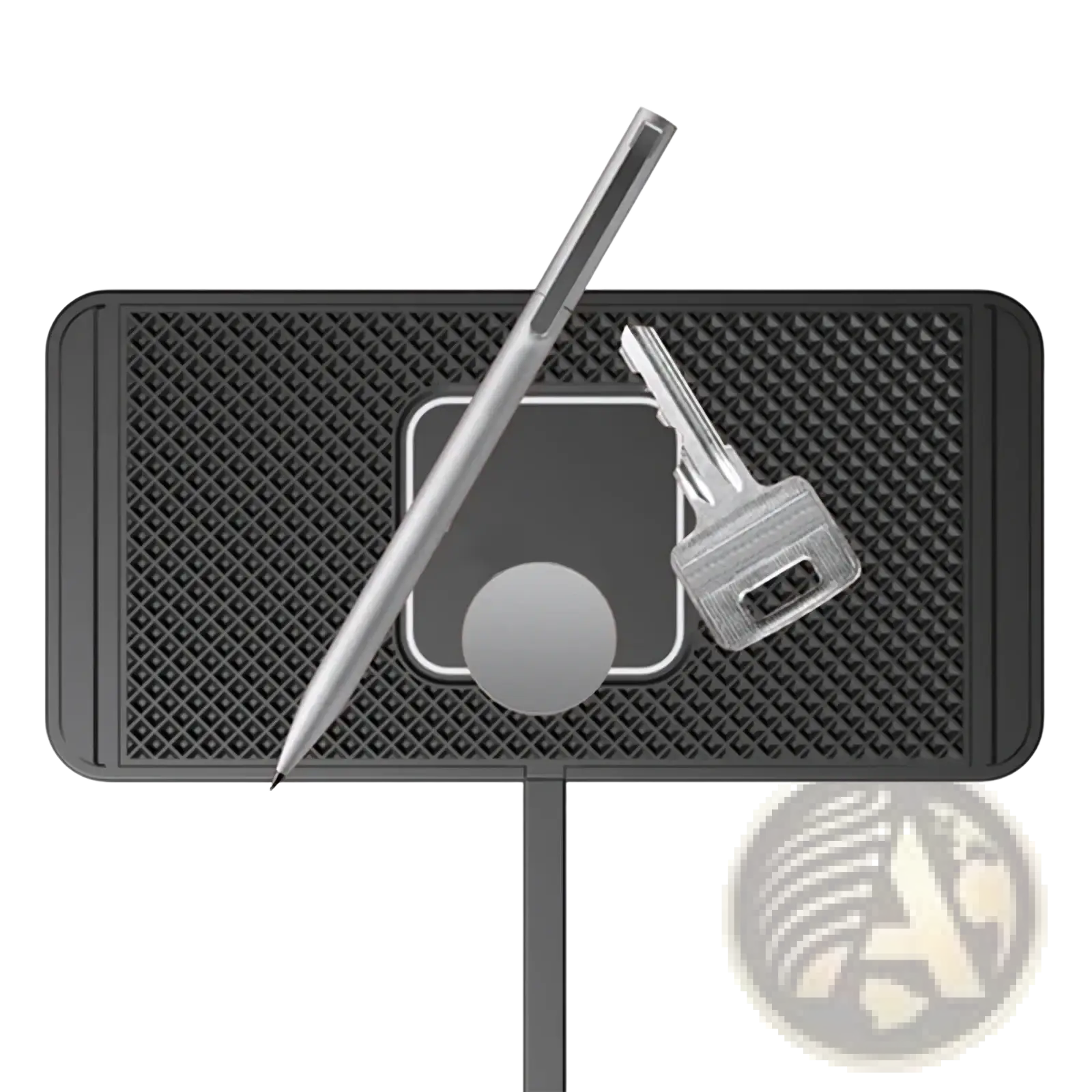 Black textured magnetic 15w fast wireless car charger pad with sleek silver stylus and key on its surface