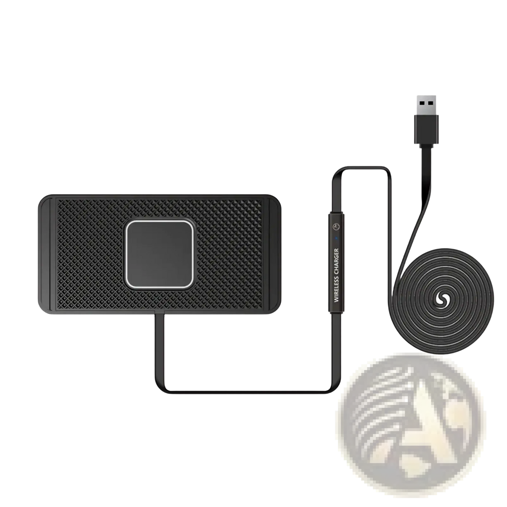 Black 15w fast wireless car charger pad with textured surface and central square area with 1 meter usb cable