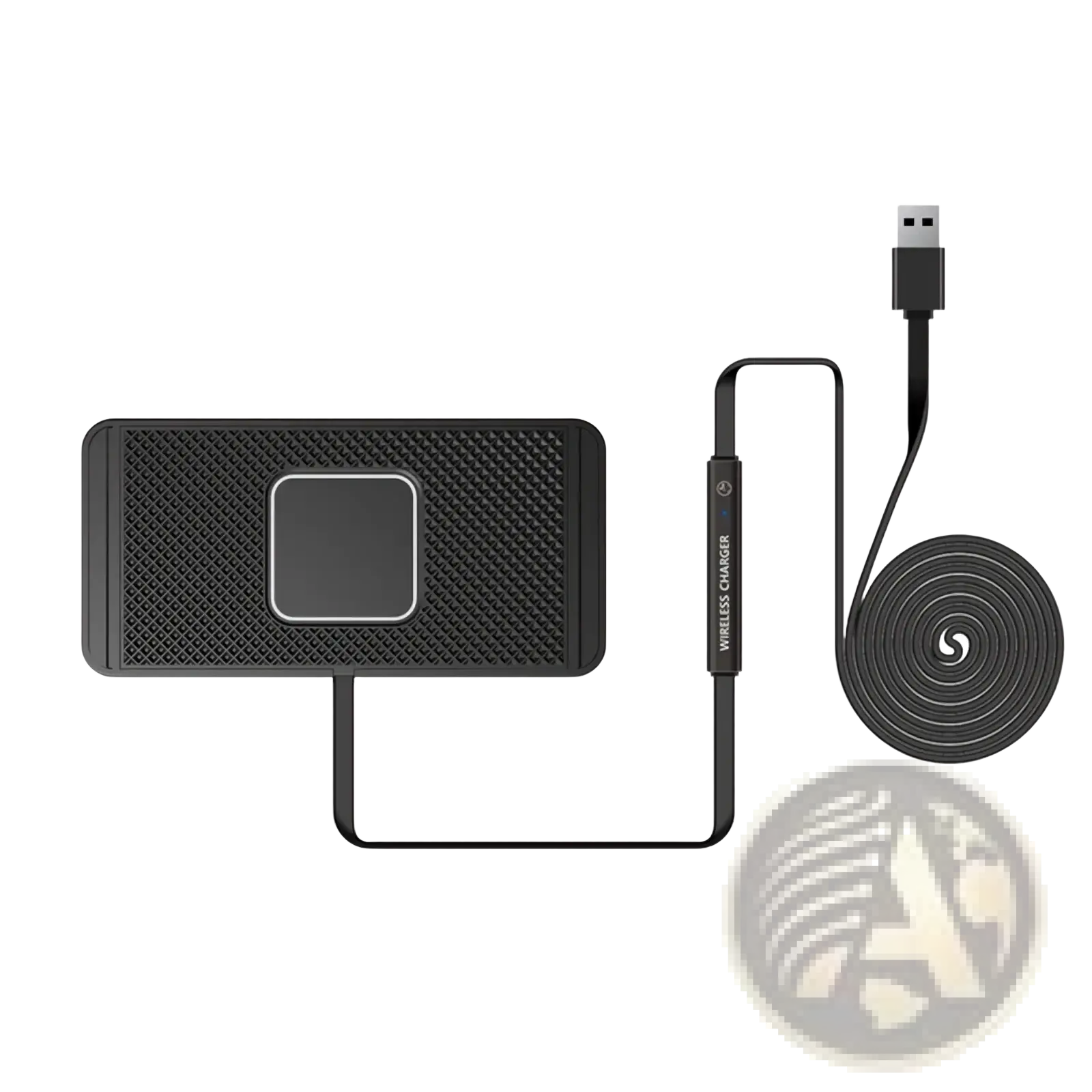 Black 15w fast wireless car charger pad with textured surface and central square area with 1 meter usb cable