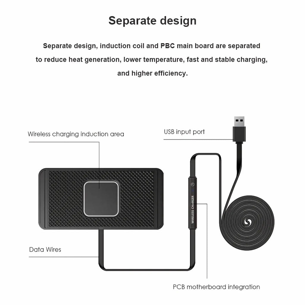 Black 15w fast wireless car charger pad with textured surface featuring integrated usb input port on the back side