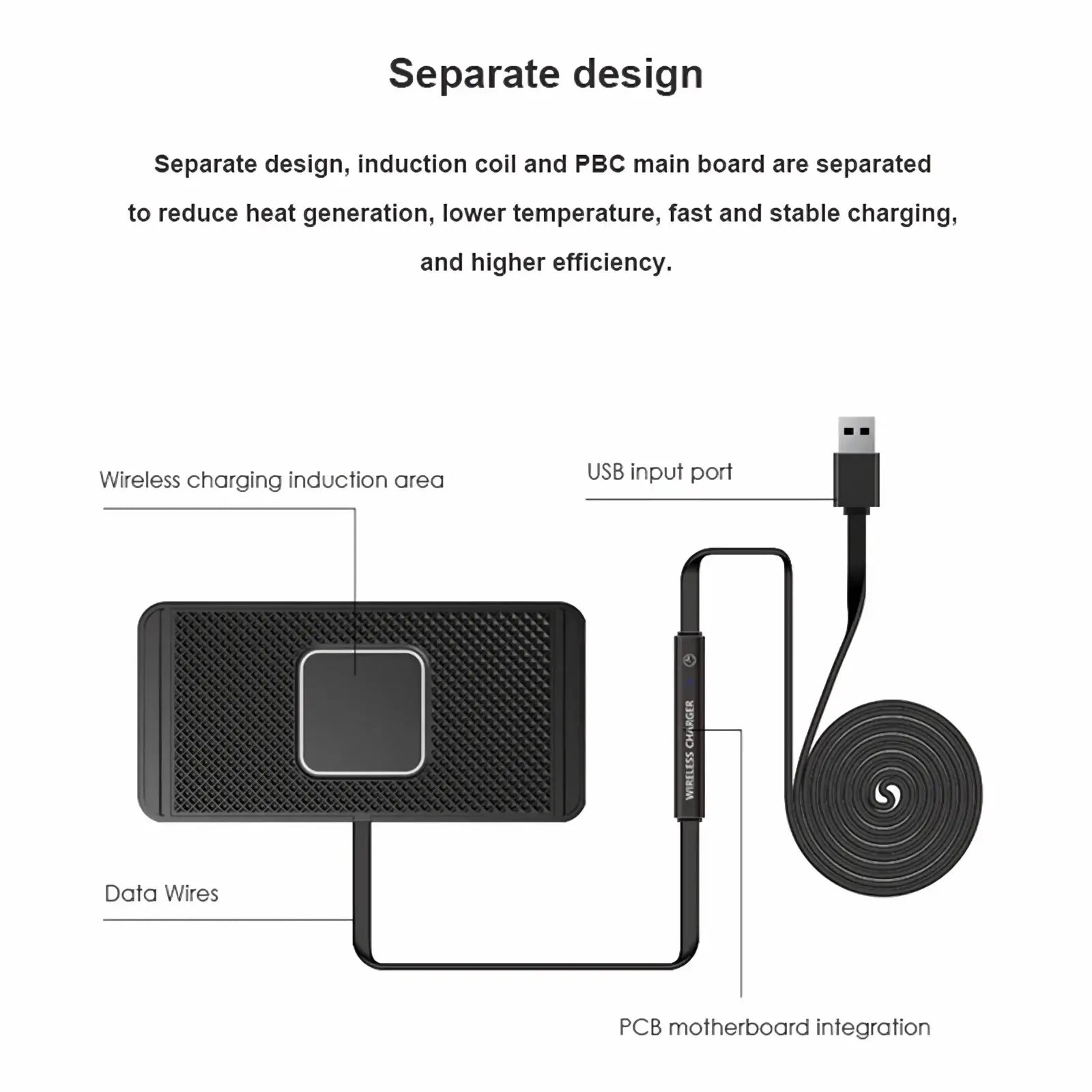 Black 15w fast wireless car charger pad with textured surface featuring integrated usb input port on the back side