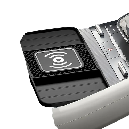 Black 15w fast wireless car charging pad with textured surface and white wi-fi symbol logo