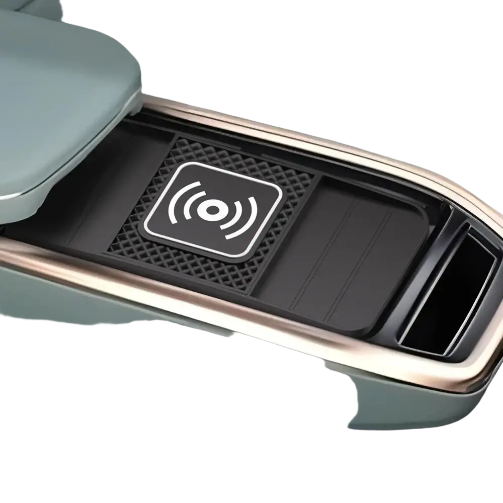 Black 15w fast wireless car charging pad with white wi-fi symbol designed for car center console use