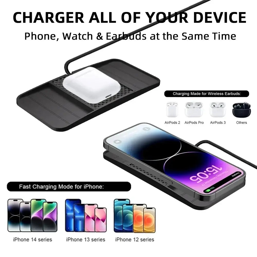 Black 15w fast wireless car charging pad with white airpods case and iPhone resting on it for convenient charging