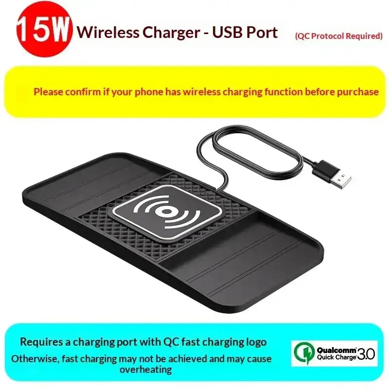 Black 15w fast wireless car charging pad with textured surface and integrated usb port cable for fast wireless charging