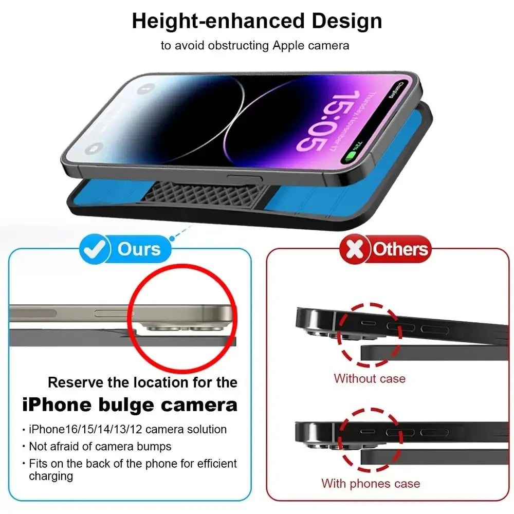 Black height-enhanced phone case for iphone 16 15 14 13 12 designed to fit camera bulge with 15w fast wireless car charging pad
