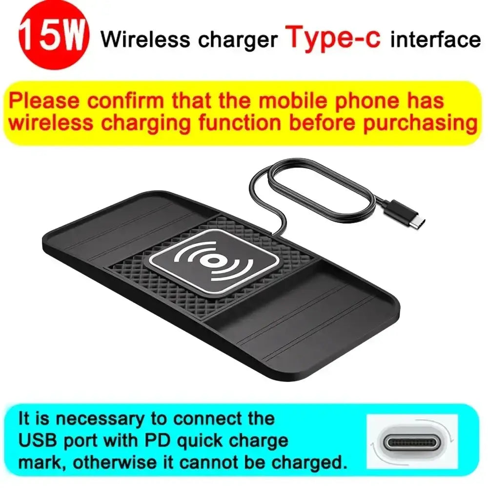 Black rectangular 15w fast wireless car charging pad with textured surface, central wi-fi symbol, and coiled type-c cable