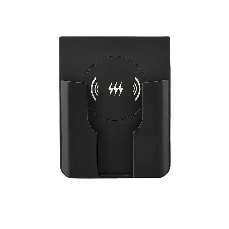 Black 15w in-wall wireless charger with circular induction area marked by white lightning bolt and wave symbols