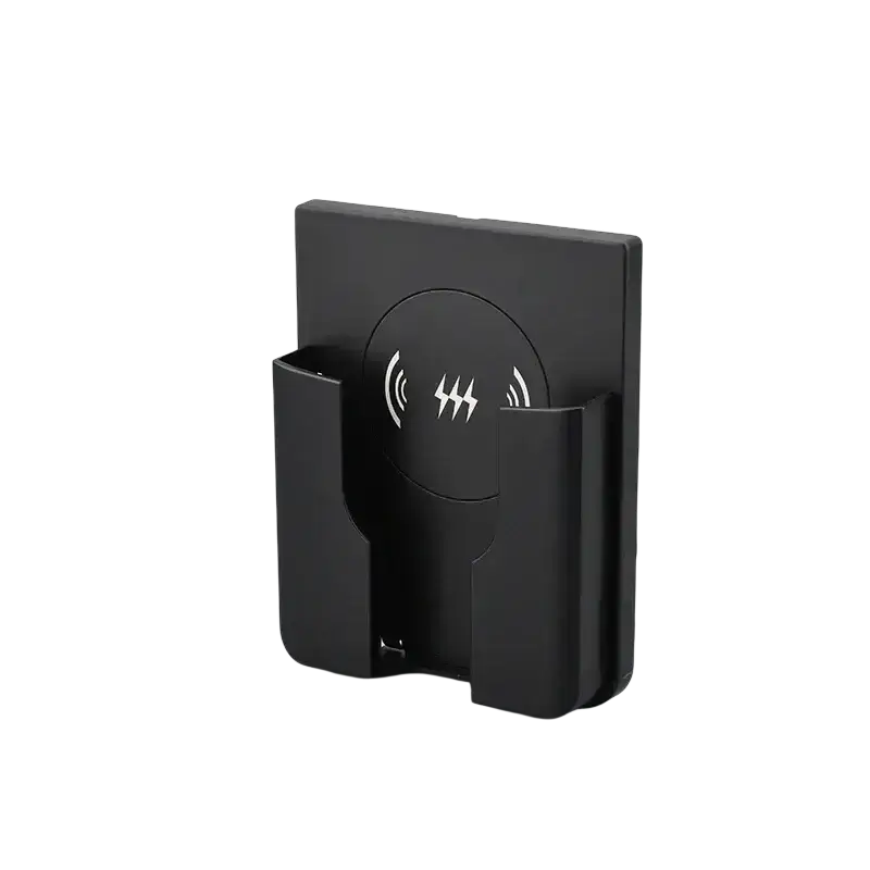 Black 15w in-wall wireless charger with minimalist design and circular charging pad featuring white lightning bolt symbols