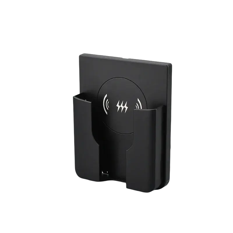 Black 15w in-wall wireless charger stand for iPhone and Android with circular emblem featuring lightning bolt and wave symbols