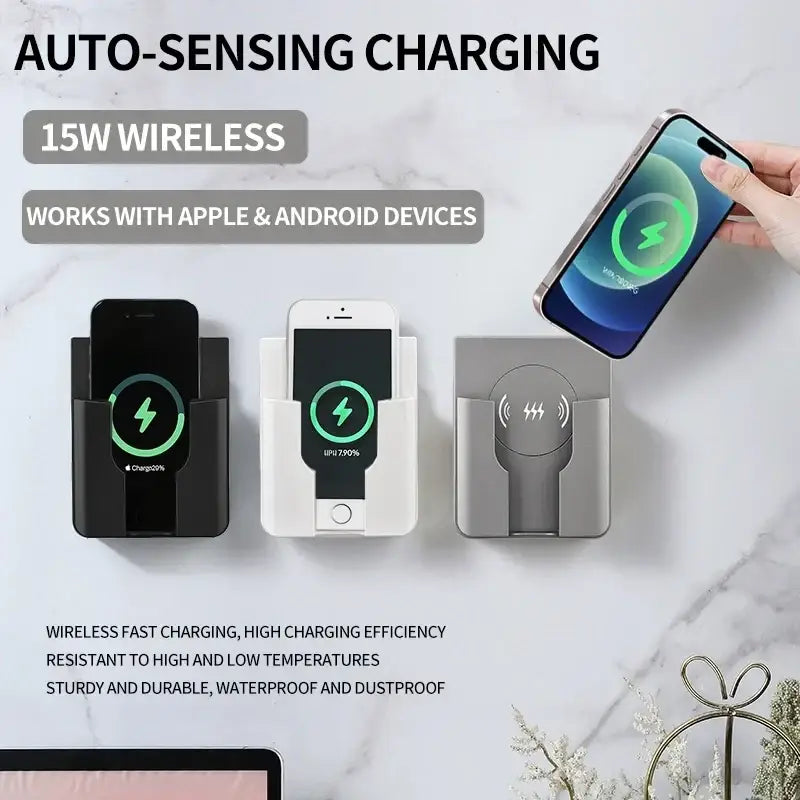Black white and gray 15w in-wall wireless charger with auto-sensing charging for iPhone and Android devices
