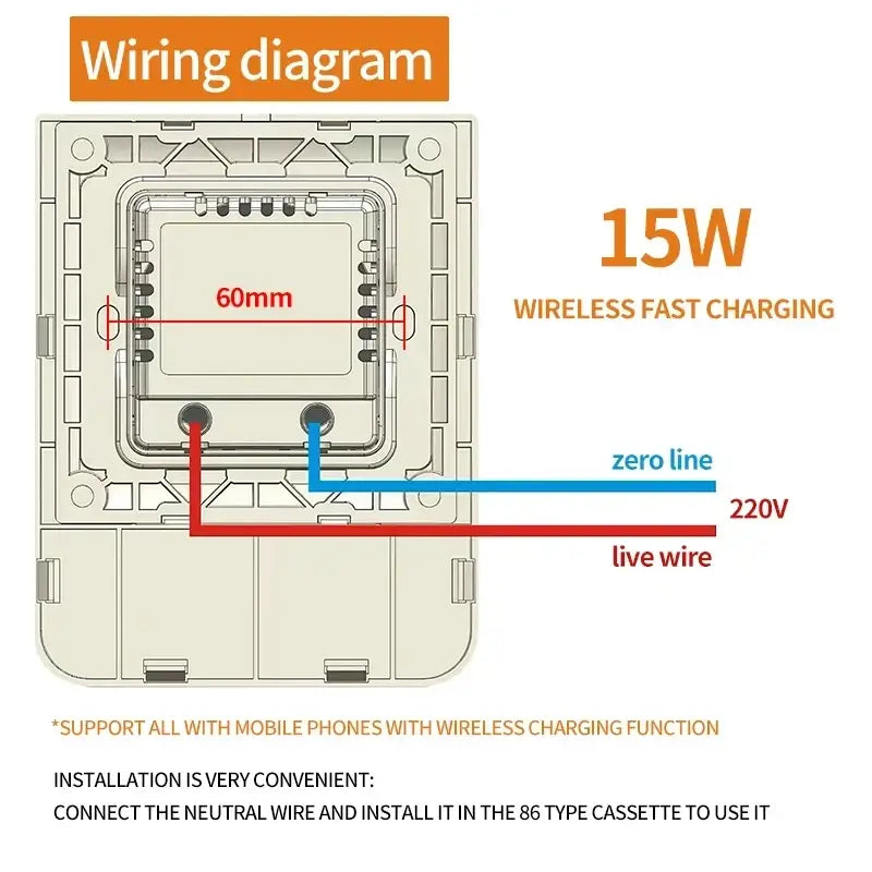 15w in-wall wireless charger back side showing a 60mm square design and labeled wiring diagram for 220v connection
