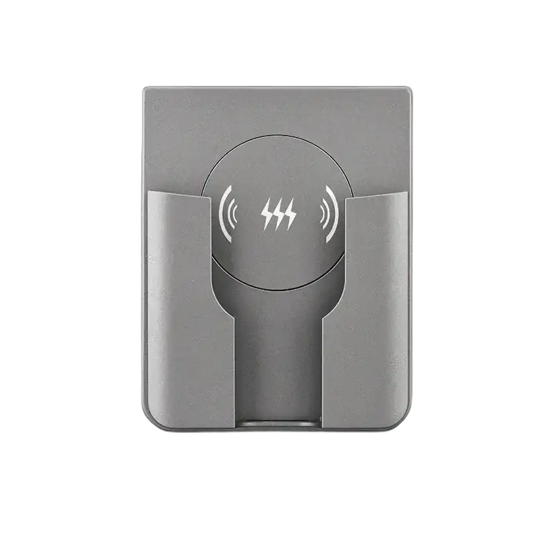Gray 15w in-wall wireless charger with a sleek minimalist design and integrated phone cradle for iPhone and Android