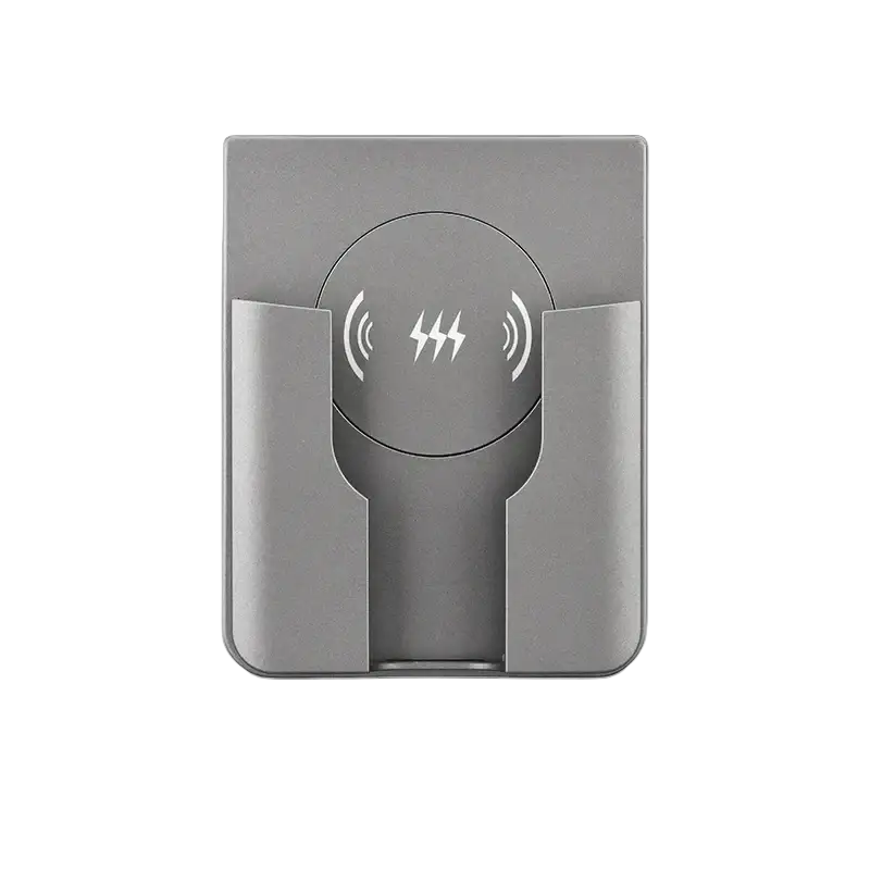 Grey 15w in-wall wireless charger for iphone android with sleek minimalist design integrated phone stand and magnetic symbol