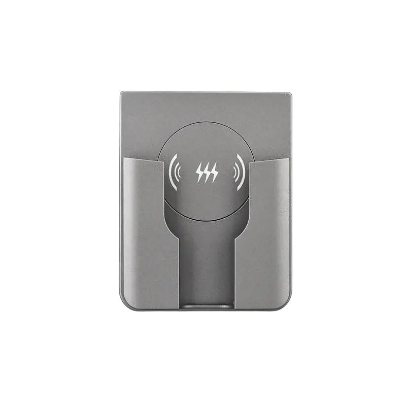 Silver metallic 15w in-wall wireless charger stand with circular induction pad featuring lightning bolt and wave symbols