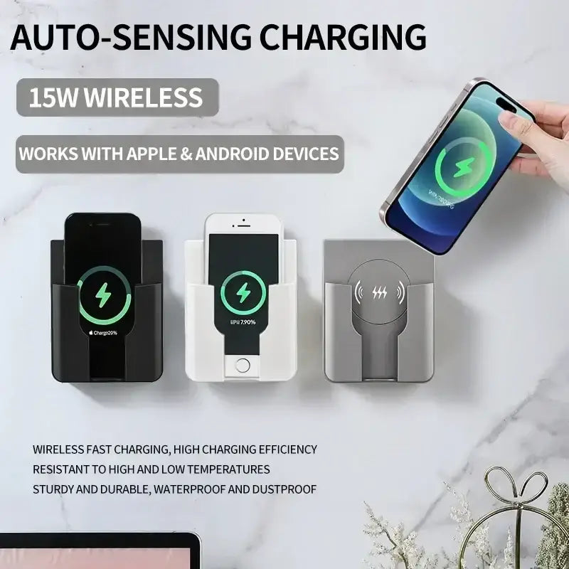 Three sleek black white and gray 15w in-wall wireless chargers with minimalist design for iphone and android devices