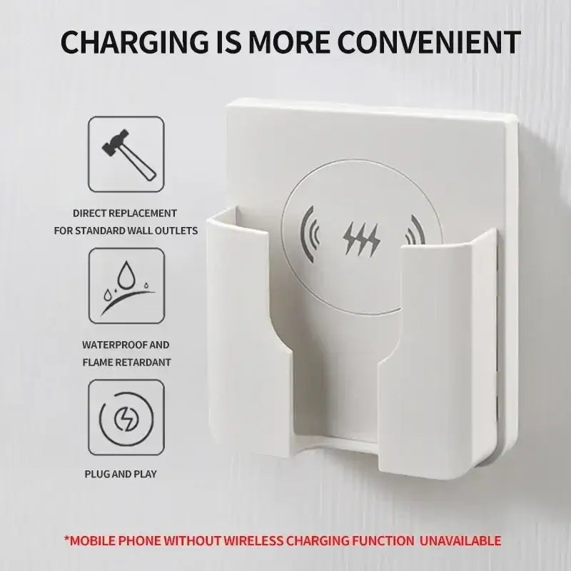 White 15w in-wall wireless charger with sleek minimalist design and built-in magnetic induction symbol for iphone android