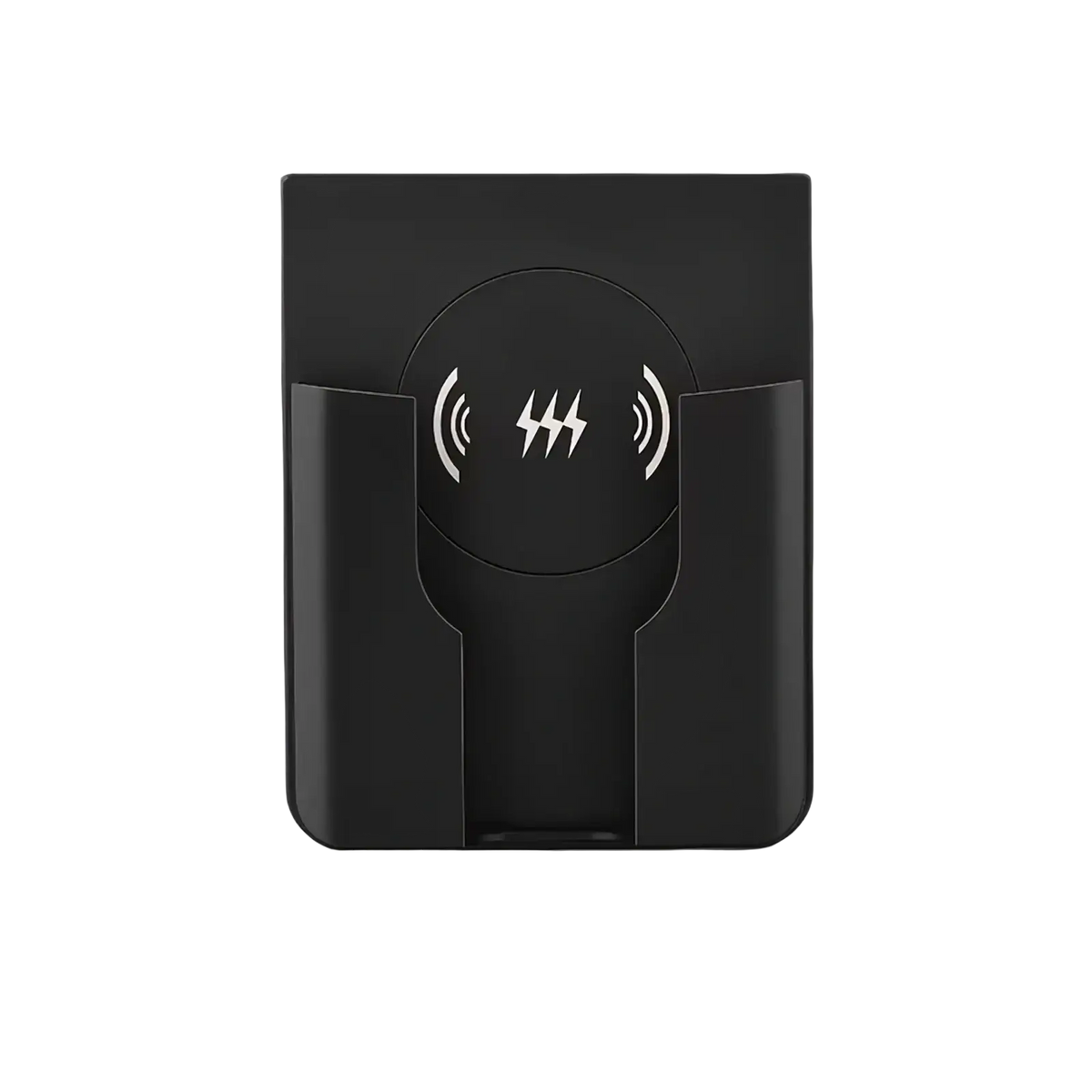 Black 15w in-wall wireless fast charger with sleek minimalist design featuring integrated phone slot and central charging pad