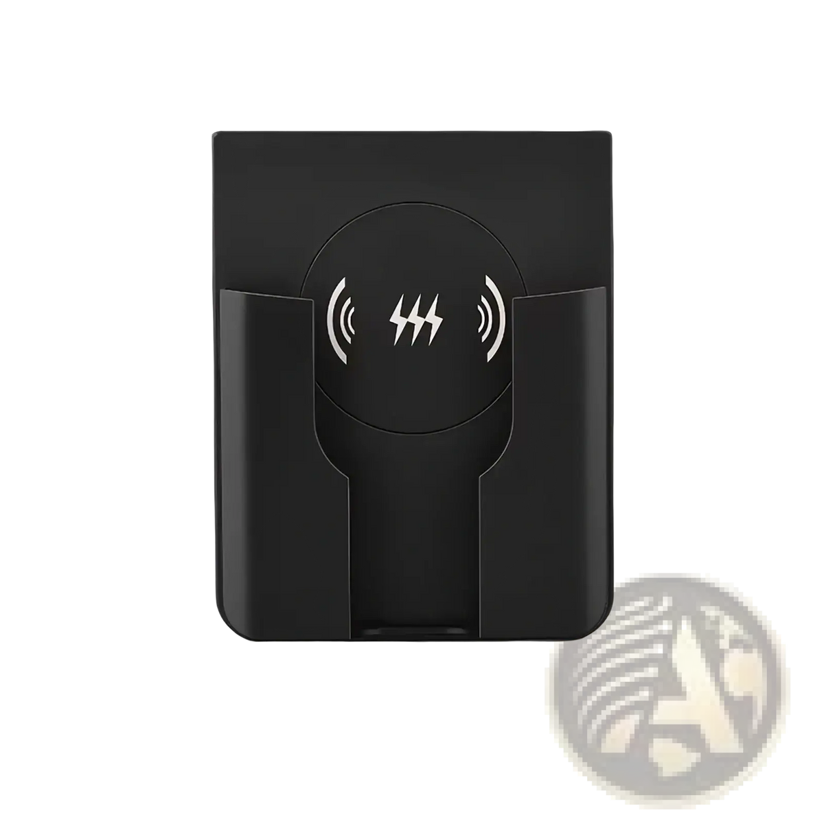 Black 15w in-wall wireless fast charger with sleek minimalist design featuring integrated phone slot and central charging pad
