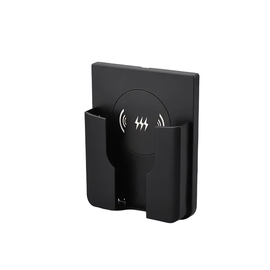 Black 15w in-wall wireless fast charger stand with circular nfc symbol and two vertical phone slots for charging