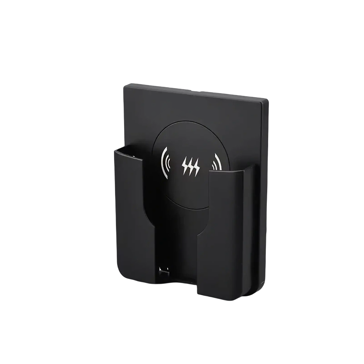 Black 15w in-wall wireless fast charger stand with circular nfc symbol and two vertical phone slots for charging