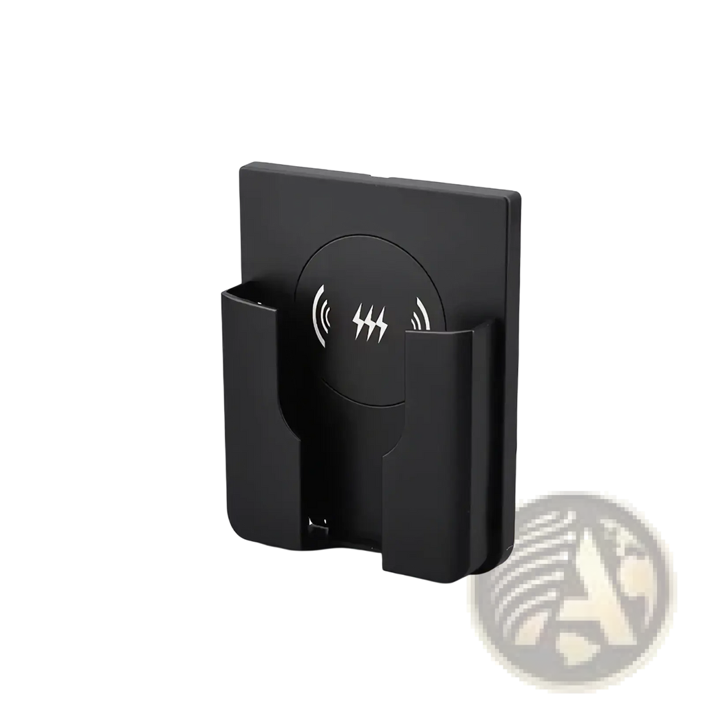 Black 15w in-wall wireless fast charger stand with circular nfc symbol and two vertical phone slots for charging