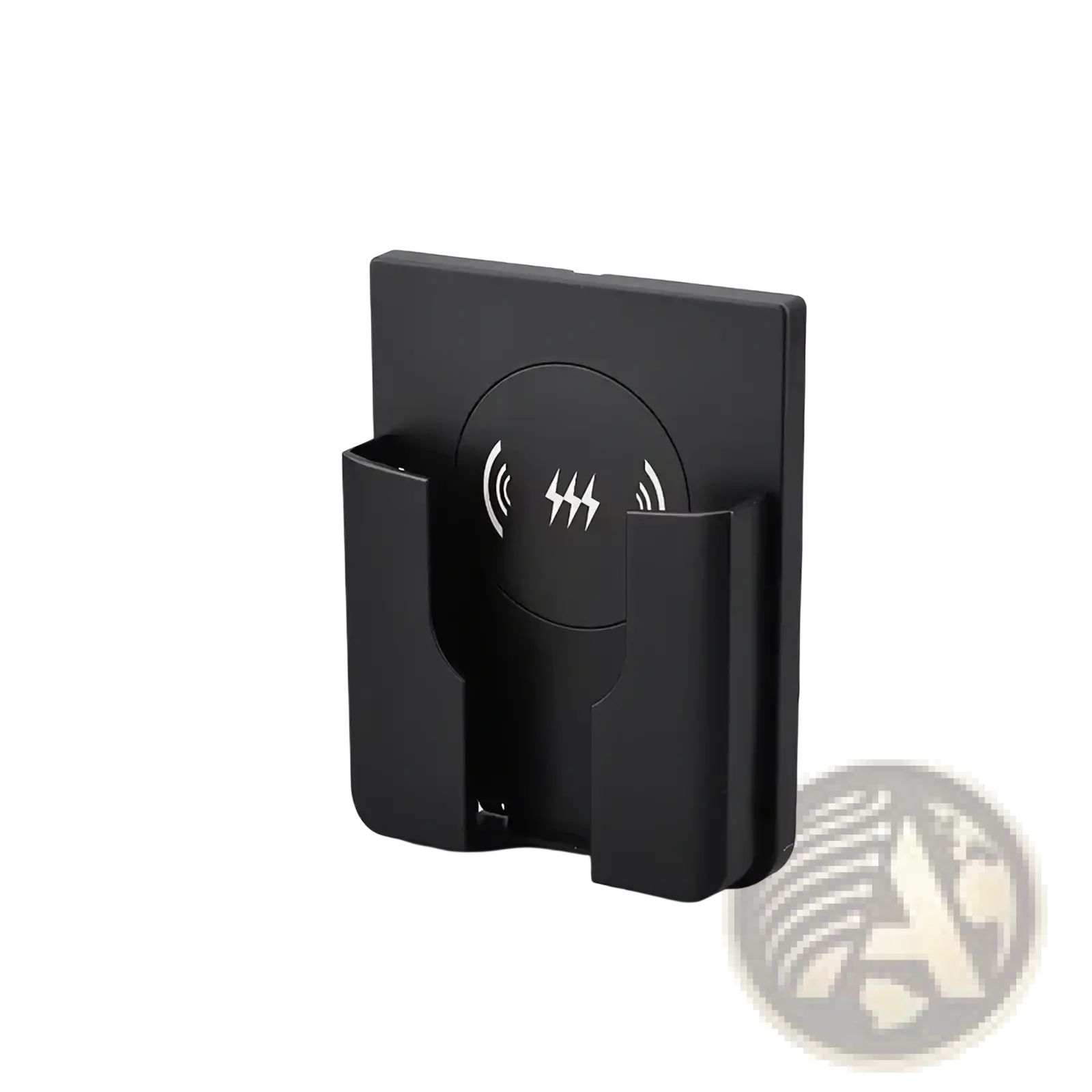 Black 15w in-wall wireless fast charger stand with circular nfc symbol and two vertical phone slots for charging