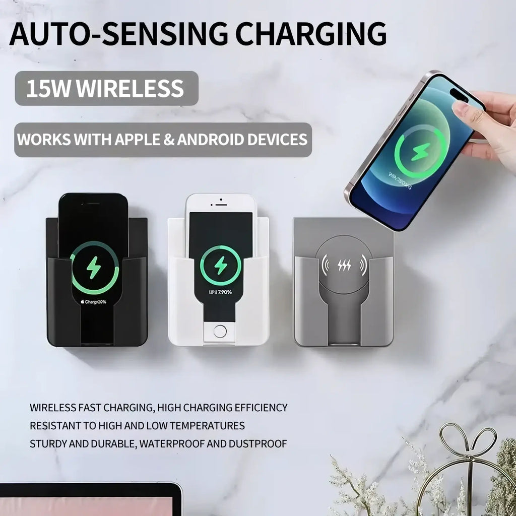 Black white and gray 15w in-wall wireless fast chargers with auto-sensing 15w charging for apple and android devices