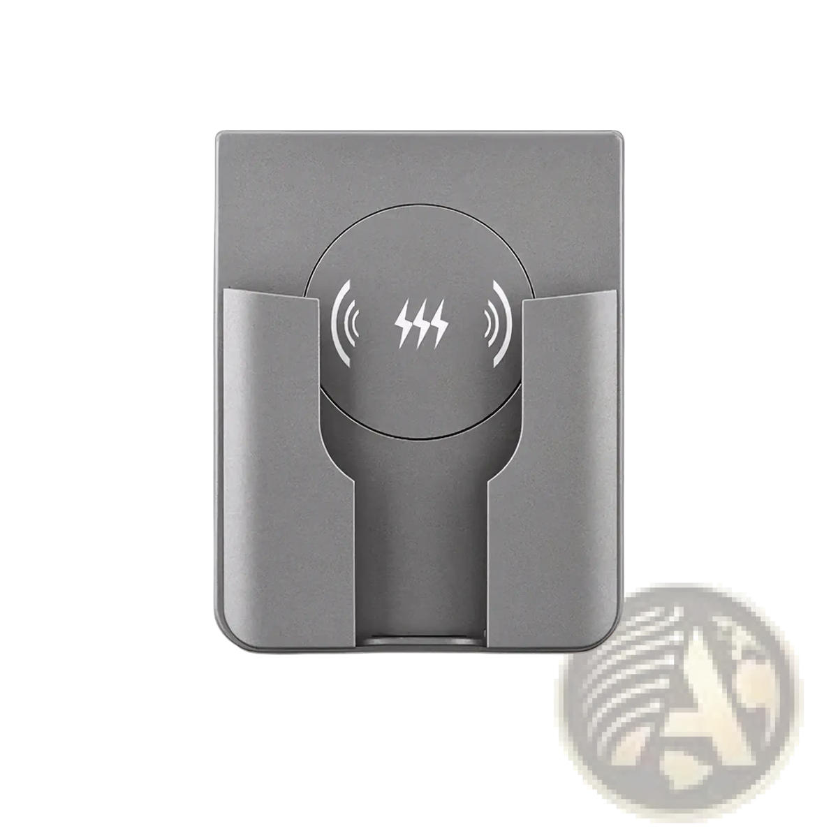 Grey 15w in-wall wireless fast charger with sleek minimalist design integrated phone stand and magnetic charging symbol