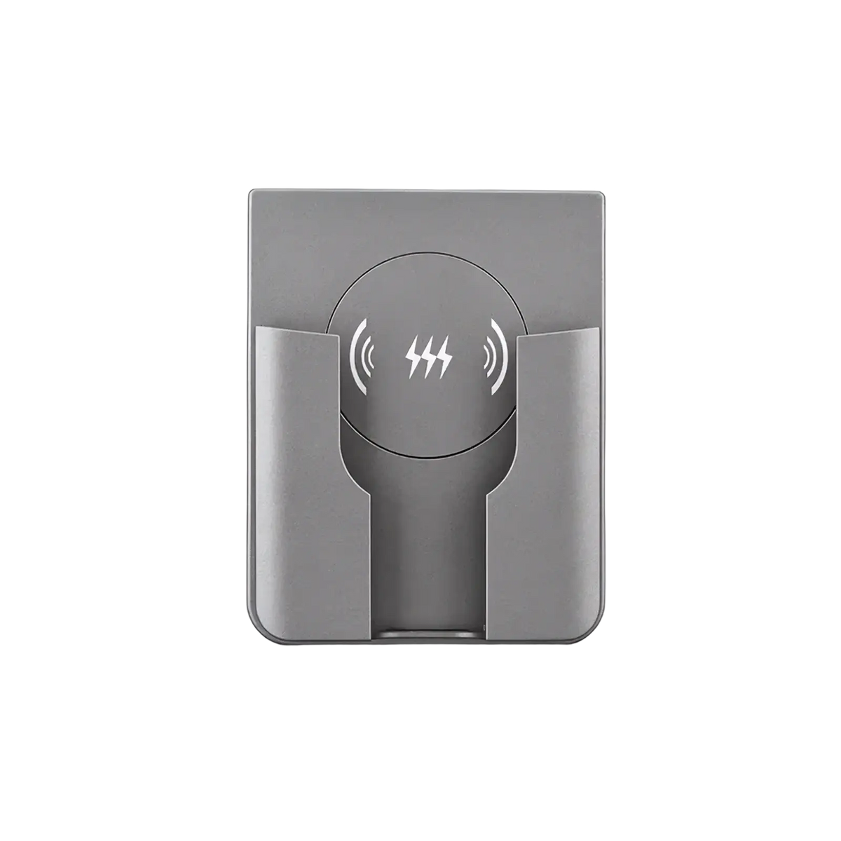 Gray metallic 15w in-wall wireless fast charger stand with circular induction pad featuring lightning bolt and wave symbols