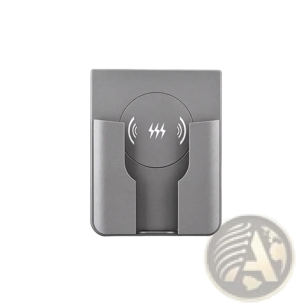 Gray metallic 15w in-wall wireless fast charger stand with circular induction pad featuring lightning bolt and wave symbols