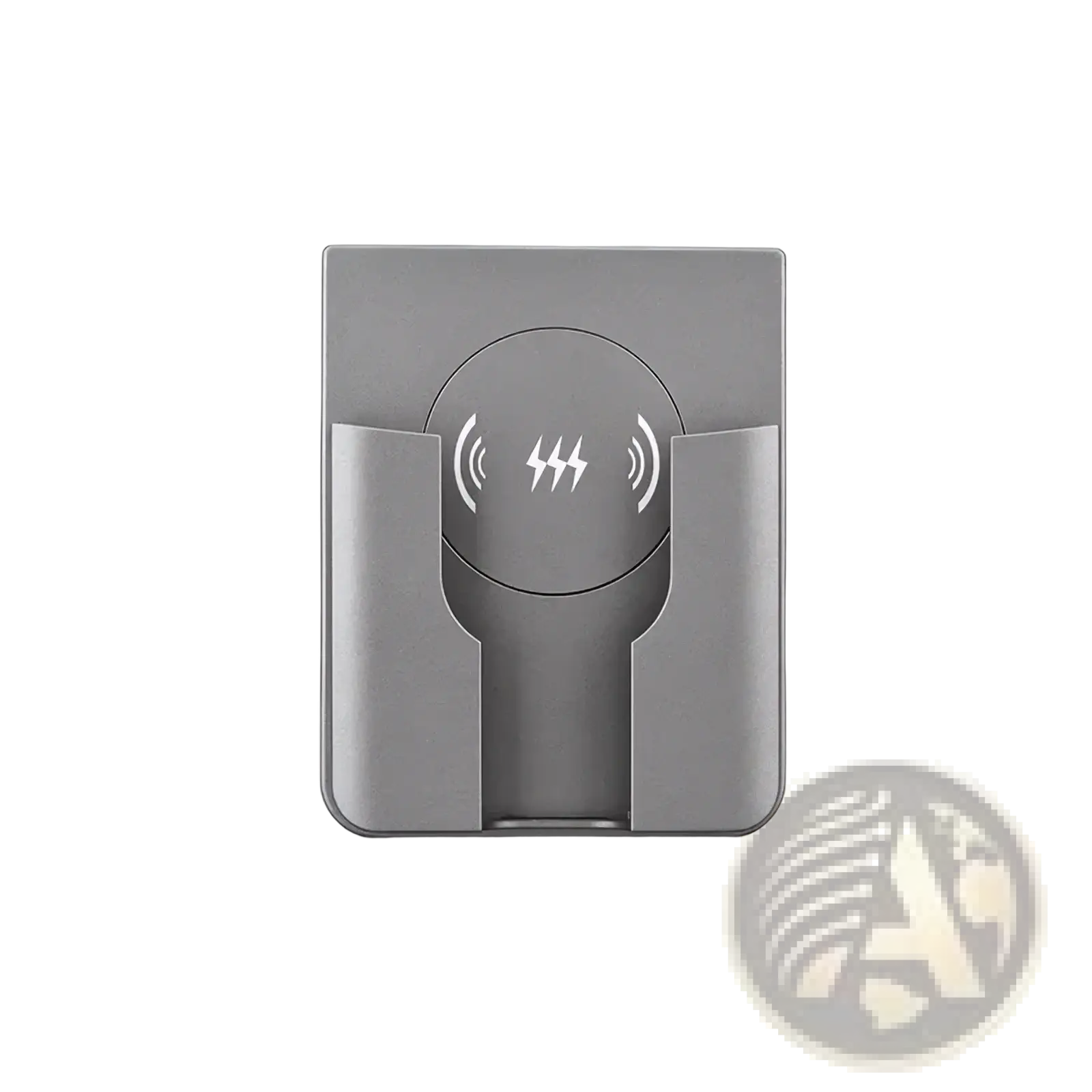 Gray metallic 15w in-wall wireless fast charger stand with circular induction pad featuring lightning bolt and wave symbols