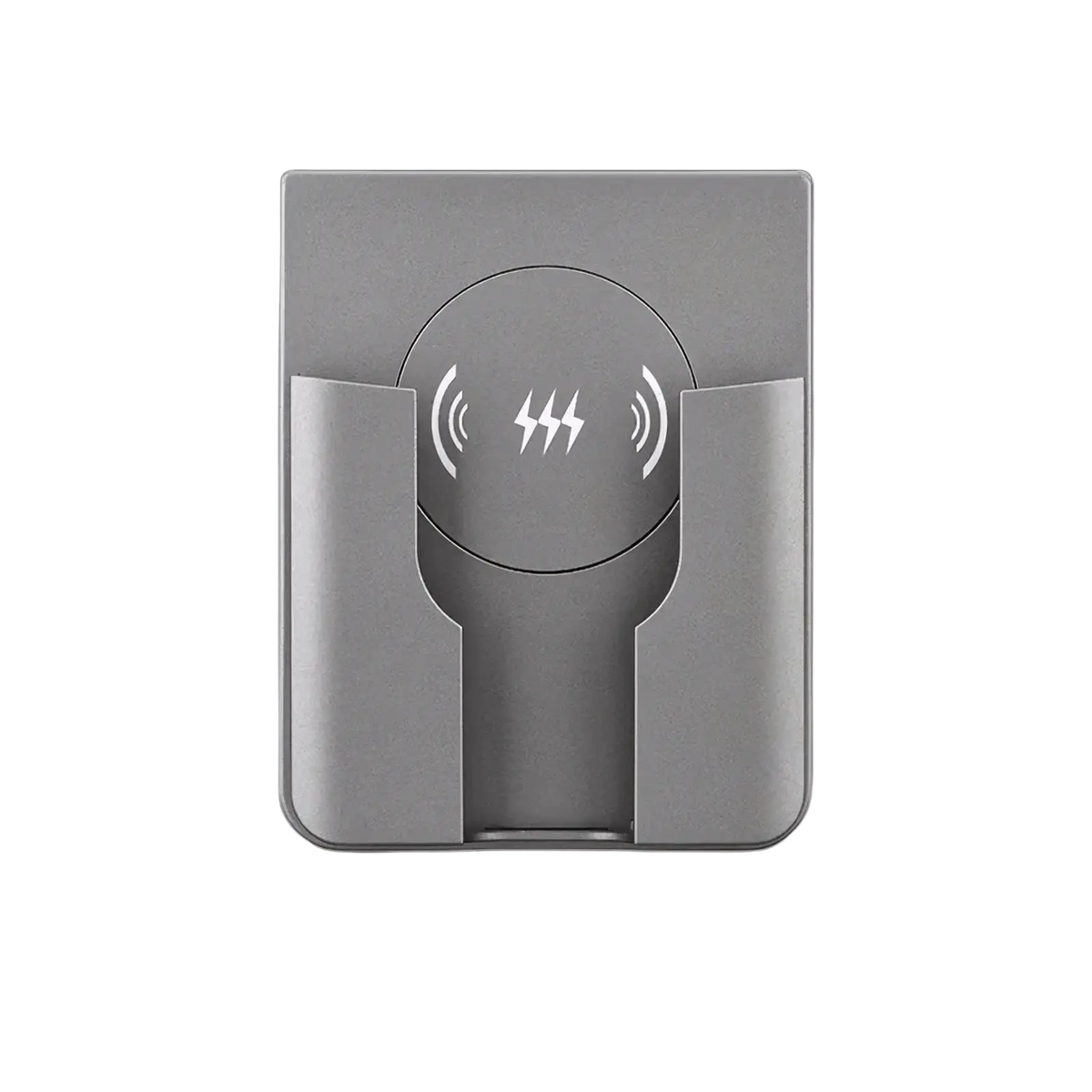 Grey 15w in-wall wireless fast charger with sleek minimalist design integrated phone stand and magnetic charging symbol