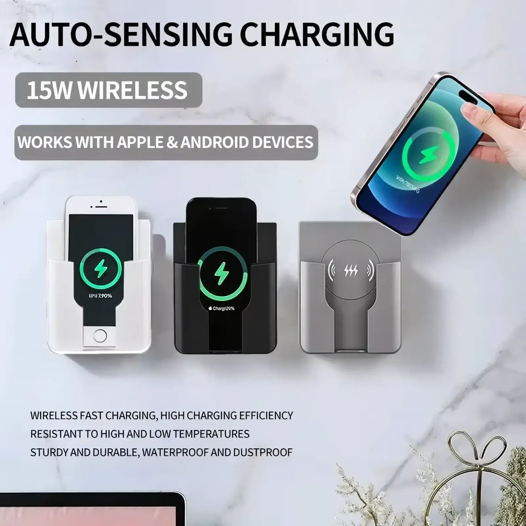 A sleek minimalist white wireless 15w in-wall fast charger with auto-sensing for apple and android devices