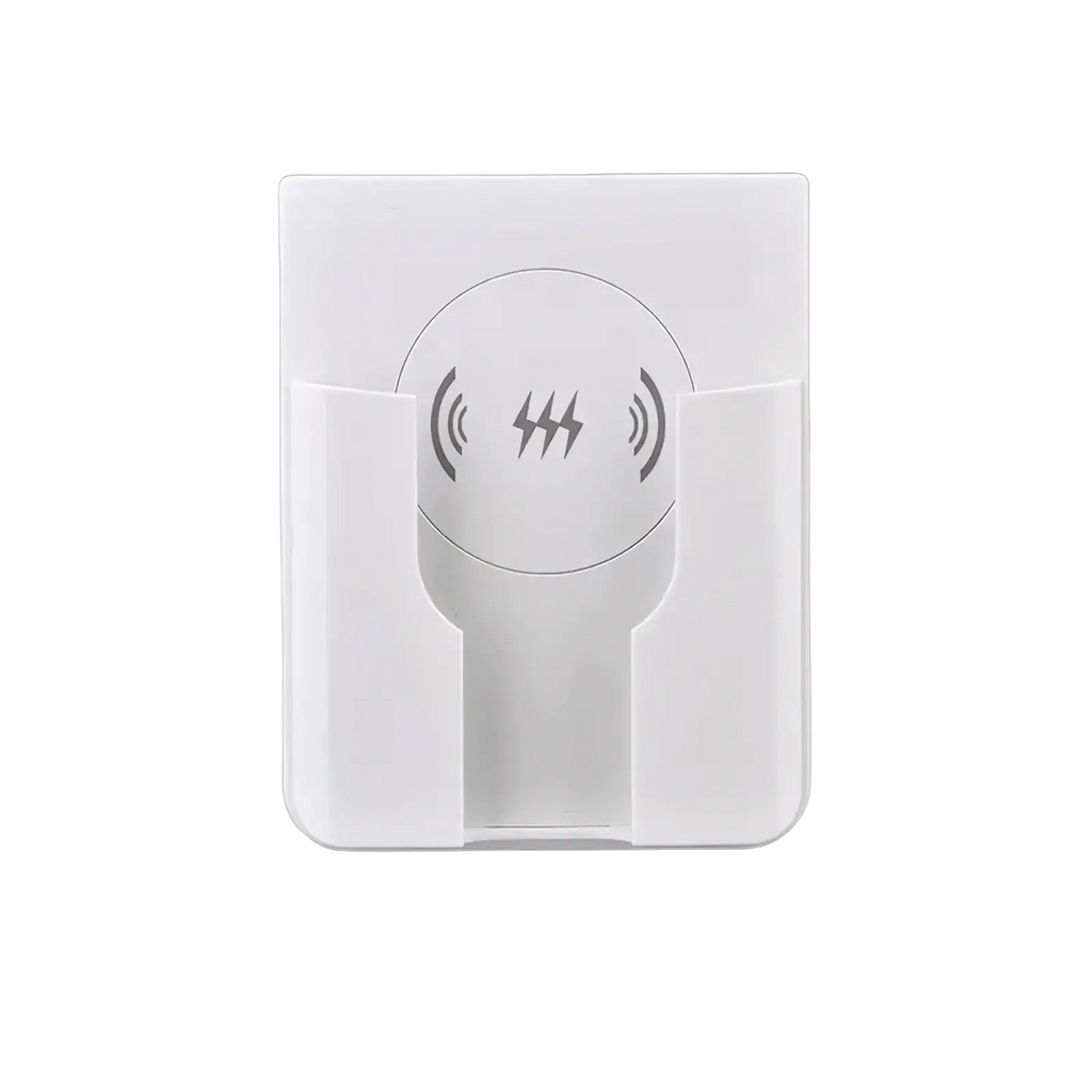 White 15w in-wall wireless fast charger with sleek minimalist design featuring integrated phone holder and charging symbols